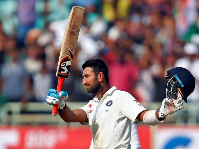 India's Cheteshwar Pujara celebrates after scoring his century. (REUTERS) India's Cheteshwar Pujara celebrates after scoring his century. (REUTERS)