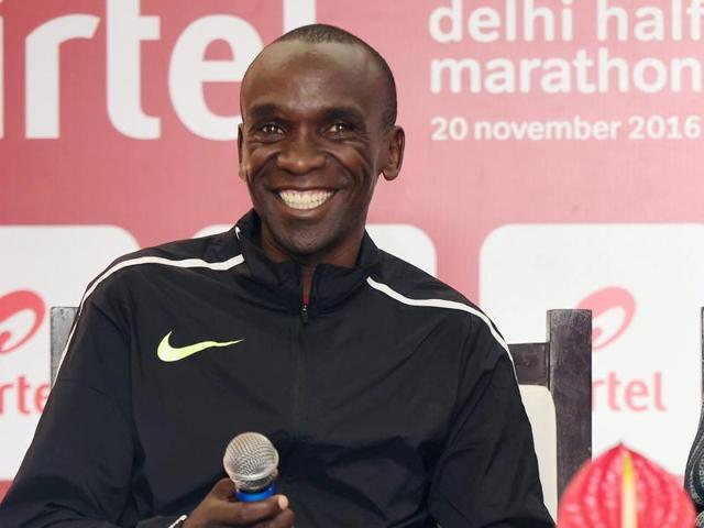 Rio Olympic marathon gold medallist Eliud Kipchoge, bronze medalist in the Men’s T-42 High Jump at the Rio Paralympics Varun Bhati and Kenyan female long-distance runner Peres Jepchirchir at a promotional event on Thursday. (PTI) Rio Olympic marathon gold medallist Eliud Kipchoge, bronze medalist in the Men’s T-42 High Jump at the Rio Paralympics Varun Bhati and Kenyan female long-distance runner Peres Jepchirchir at a promotional event on Thursday. (PTI)