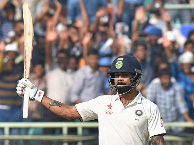 Indian captain Virat Kohli celebrates after scoring a century. (PTI Photo) Indian captain Virat Kohli celebrates after scoring a century. (PTI Photo)