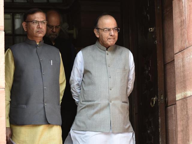 Minister of state for civil aviation Jayant Sinha with finance minister Arun Jaitley at the Parliament House on Thursday.(Vipin Kumar/HT PHOTO) Minister of state for civil aviation Jayant Sinha with finance minister Arun Jaitley at the Parliament House on Thursday.(Vipin Kumar/HT PHOTO)