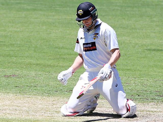 Adam Voges of the Warriors sinks to his knees after being struck in the head by a bouncer from Cameron Stevenson.(Getty Images)