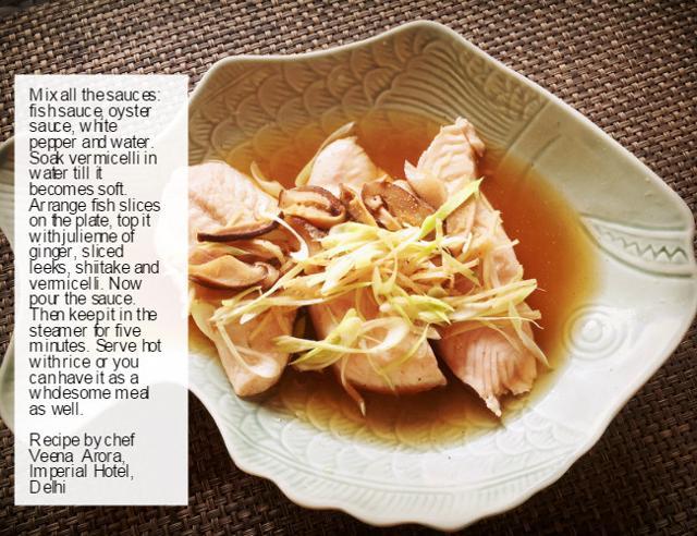 Steamed fish with ginger by chef Veena Arora. Steamed fish with ginger by chef Veena Arora.