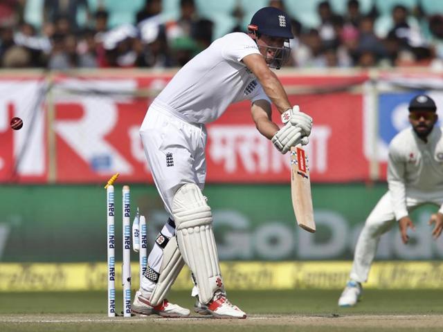 England's captain Alastair Cook is bowled out by India's Mohammed Shami. (AP Photo) England's captain Alastair Cook is bowled out by India's Mohammed Shami. (AP Photo)