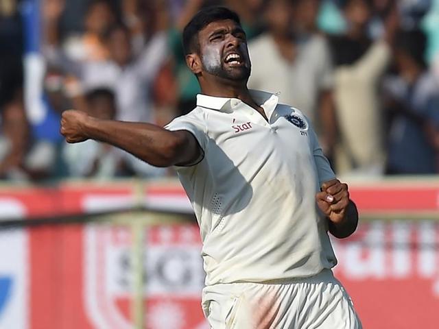 Ravichandran Ashwin celebrates after dismissing Joe Root in Vishakhapatnam on Friday.(AFP)