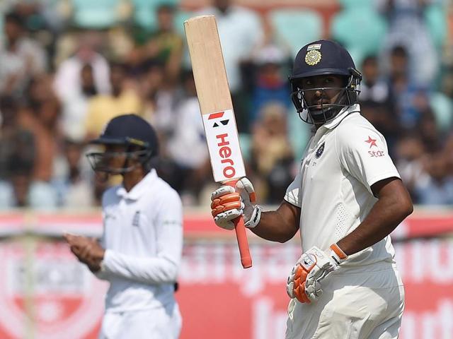 India's Ravichandran Ashwin raises his bat after his half century during the second day of the second Test cricket match. (AFP photo) India's Ravichandran Ashwin raises his bat after his half century during the second day of the second Test cricket match. (AFP photo)