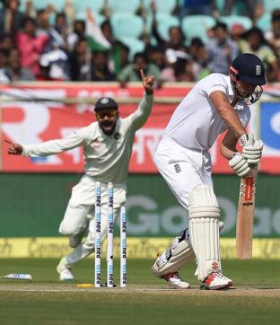 Alastair Cook was cleaned up by Mohammed Shami for 2 as India made an early breakthrough in the second Test in Vizag. (AFP) Alastair Cook was cleaned up by Mohammed Shami for 2 as India made an early breakthrough in the second Test in Vizag. (AFP)