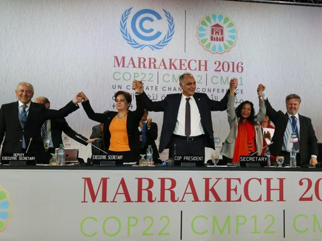 UN climate chief Patricia Espinosa, second from left, Morocco's foreign minister Salaheddine Mezouar, centre, and Council of Europe goodwill ambassador Bianca Jagger, seconf from right, celebrate after the proclamation of Marrakech. (Reuters) UN climate chief Patricia Espinosa, second from left, Morocco's foreign minister Salaheddine Mezouar, centre, and Council of Europe goodwill ambassador Bianca Jagger, seconf from right, celebrate after the proclamation of Marrakech. (Reuters)