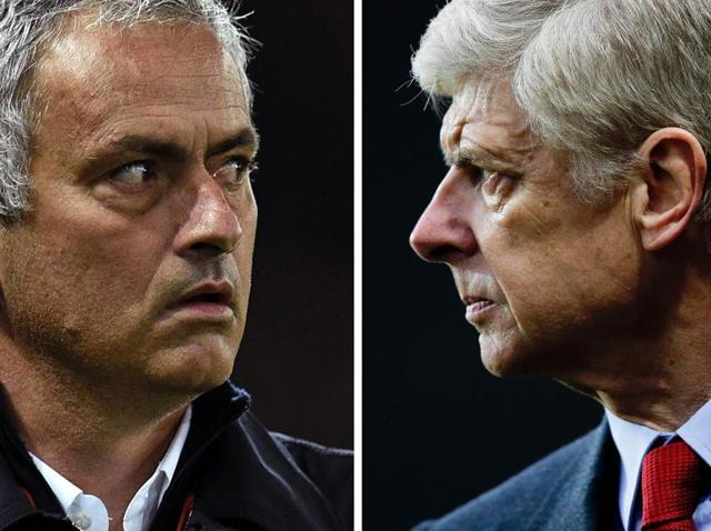 A combination picture shows Manchester United's Portuguese manager Jose Mourinho (left) and Arsenal's French manager Arsene Wenger (right). (AFP Photo) A combination picture shows Manchester United's Portuguese manager Jose Mourinho (left) and Arsenal's French manager Arsene Wenger (right). (AFP Photo)