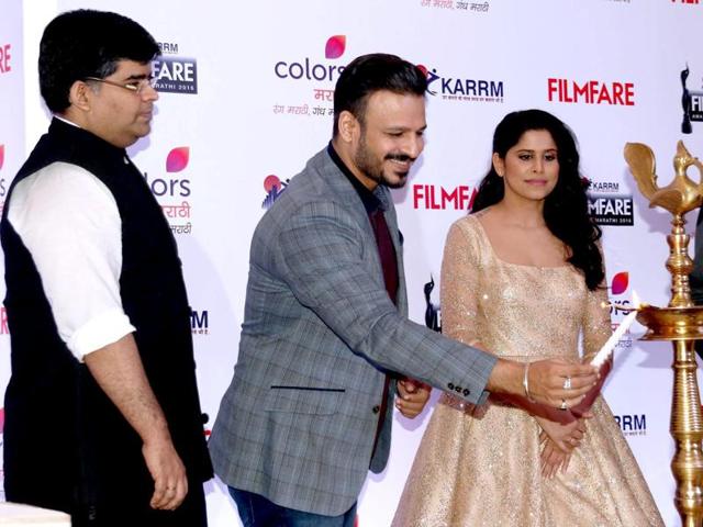 Vivek Oberoi and Sai Tamhankar during a press conference of Filmfare Awards Marathi in Mumbai. (PTI Photo)