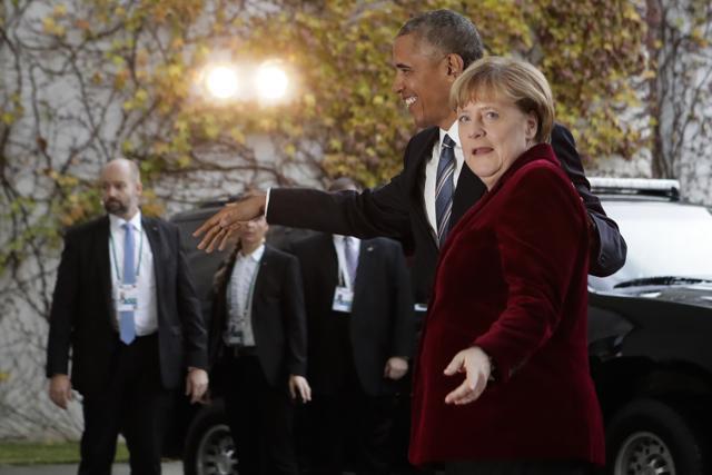 German Chancellor Angela Merkel, right, welcomes US President Barack Obama for a meeting at the chancellery in Berlin. (AP) German Chancellor Angela Merkel, right, welcomes US President Barack Obama for a meeting at the chancellery in Berlin. (AP)