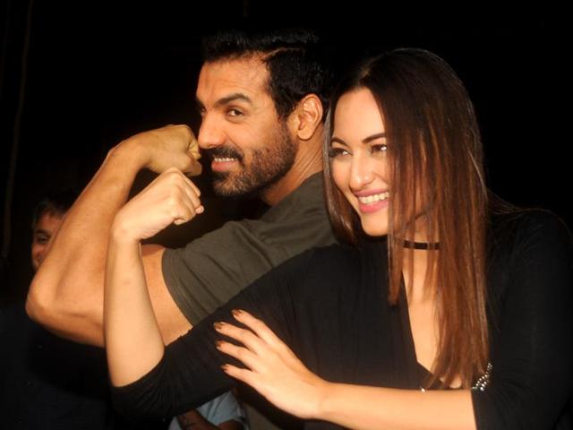 John Abraham and Sonakshi Sinha attend a promotional event for their film Force 2 in Mumbai. (PTI Photo)
