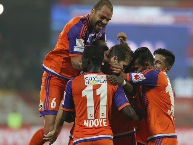 Gouramangi Singh of FC Pune City celebrates a goal. The victory took Pune to the fourth spot , just two behind Delhi Dynamos. (ISL / SPORTZPICS) Gouramangi Singh of FC Pune City celebrates a goal. The victory took Pune to the fourth spot , just two behind Delhi Dynamos. (ISL / SPORTZPICS)