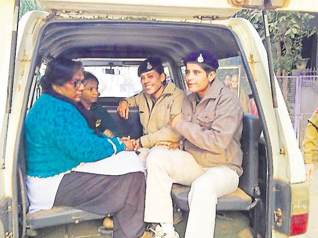 Shaila Agrawal, who runs Shakuntala Parmartha Samiti, in Shivpuri police custody on Thursday. (HT photo) Shaila Agrawal, who runs Shakuntala Parmartha Samiti, in Shivpuri police custody on Thursday. (HT photo)