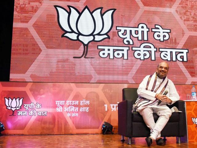 BJP president Amit Shah interacts with students during U P Man Ke Baat function at a university in Lucknow on Saturday. (PTI) BJP president Amit Shah interacts with students during U P Man Ke Baat function at a university in Lucknow on Saturday. (PTI)