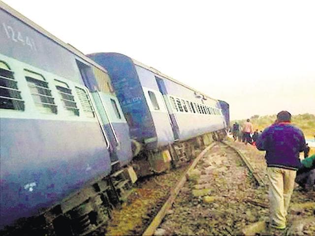 Bathinda -Jodhpur passenger train derailed near Rajiasar village in Ganganagar District on Saturday. (PTI Photo) Bathinda -Jodhpur passenger train derailed near Rajiasar village in Ganganagar District on Saturday. (PTI Photo)