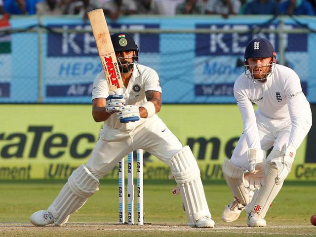 Virat Kohli scored an aggressive fifty on a difficult wicket as India’s lead neared 300.(BCCI)