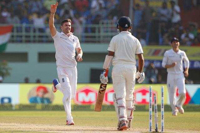 James Anderson cleaned up Cheteshwar Pujara with a magnificent delivery as England staged a fightback . (BCCI)