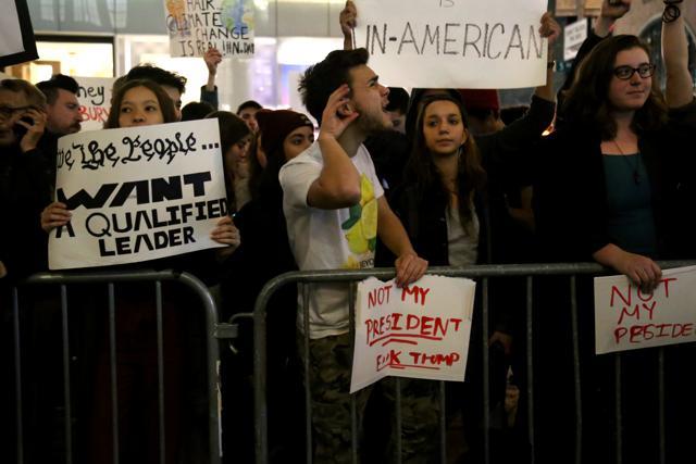 Demonstrators chant slogans during a protest against Trump in Manhattan, New York. (Reuters Photo)