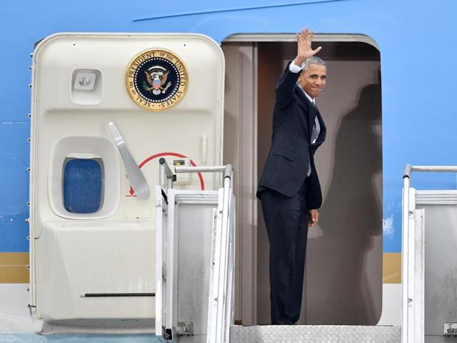 US President Barack Obama boards the Air Force One at Tegel airport in Berlin, Germany.(AP)
