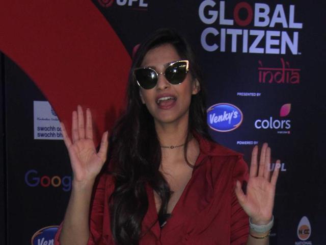 Actor Sonam Kapoor pledged her support to women empowerment ahead of the Global Citizen India concert at BKC in Mumbai on Saturday. (Pramod Thakur/HT PHOTO) 