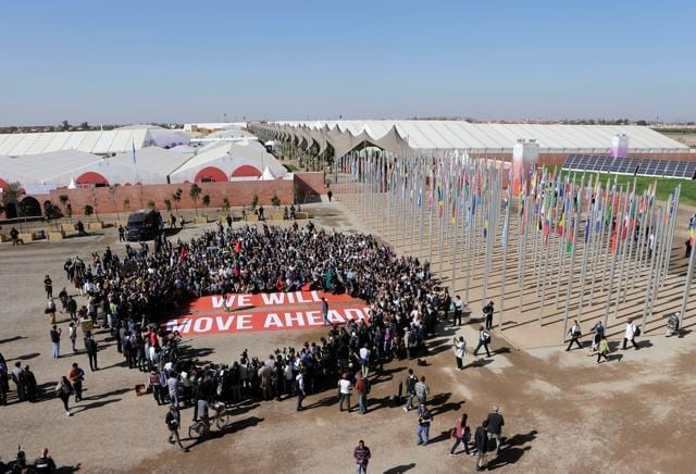 Greenpeace stage a protest outside the UN Climate Change Conference 2016 (COP22) in Marrakech, Morocco.  (Reuters Photo)