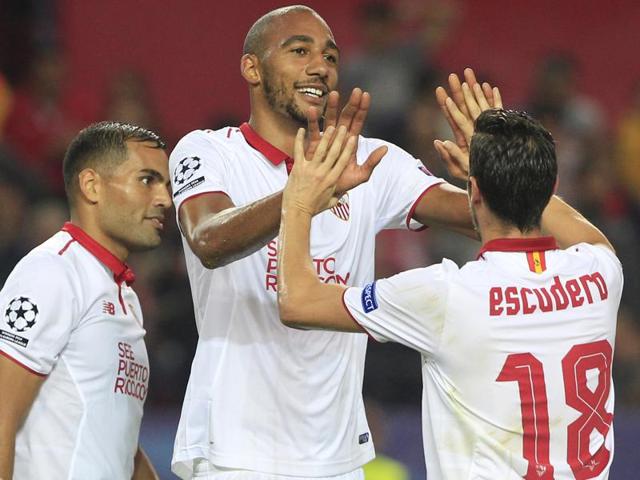 Sevilla's Steven N'Zonzi (center) triggered the comeback for the club against Deportiva la Coruna after scoring a goal just before half time during the La Liga match. (AP) Sevilla's Steven N'Zonzi (center) triggered the comeback for the club against Deportiva la Coruna after scoring a goal just before half time during the La Liga match. (AP)