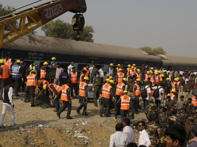 Rescuers work at the site of a train derailment accident in Kanpur Dehat. (AP Photo) Rescuers work at the site of a train derailment accident in Kanpur Dehat. (AP Photo)
