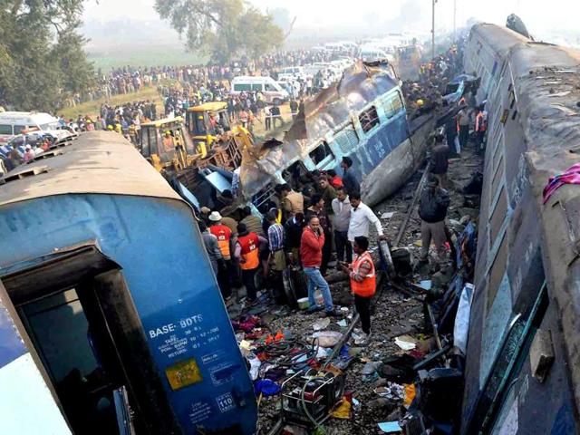 Rescue and relief works in progress after the Indore-Patna express derailed near Kanpur Dehat.(PTI Photo)