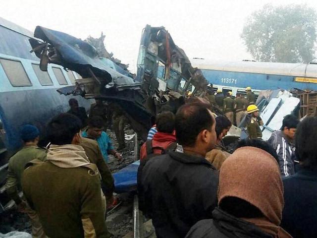 Officials carry out rescue work after 14 coaches of the Indore-Patna Express derailed in Kanpur. (PTI Photo)