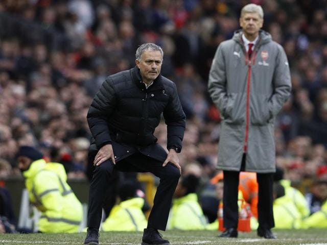 Manchester United manager Jose Mourinho took a dig at Arsenal and the Premier League club manager, Arsene Wenger (right) after the match between the two clubs at Old Trafford on Saturday. (REUTERS) Manchester United manager Jose Mourinho took a dig at Arsenal and the Premier League club manager, Arsene Wenger (right) after the match between the two clubs at Old Trafford on Saturday. (REUTERS)
