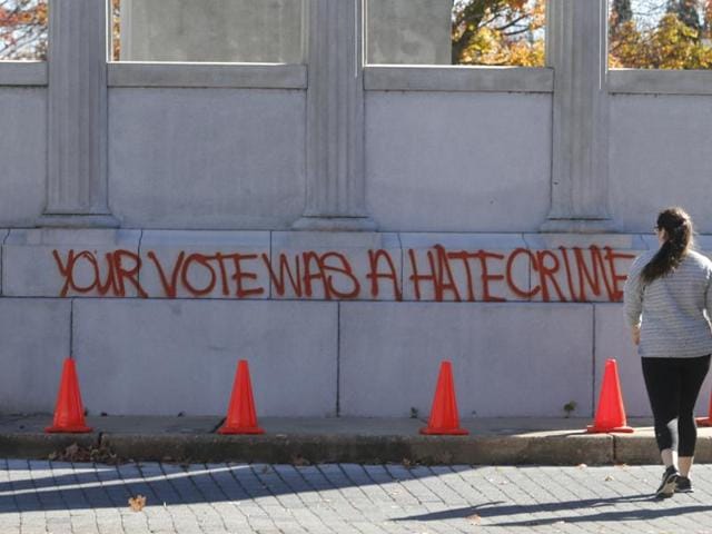 Graffiti reads "Your Vote Was A Hate Crime" in Richmond. There has been a spurt in hate crimes in the US targeting Muslims since election of Donald Trump. (AP Photo) Graffiti reads "Your Vote Was A Hate Crime" in Richmond. There has been a spurt in hate crimes in the US targeting Muslims since election of Donald Trump. (AP Photo)