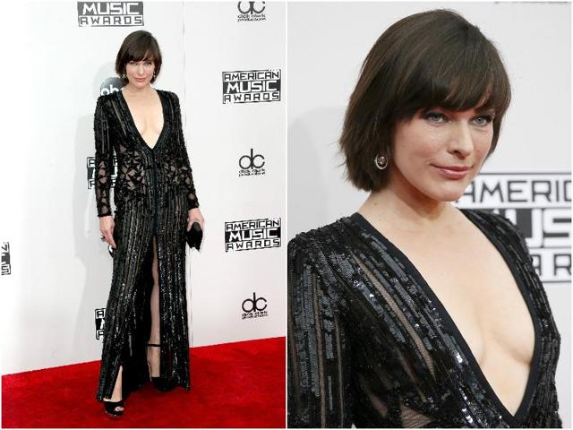 Actor Milla Jovovich in a black, sequined gown from Elie Saab. Actor Milla Jovovich in a black, sequined gown from Elie Saab.