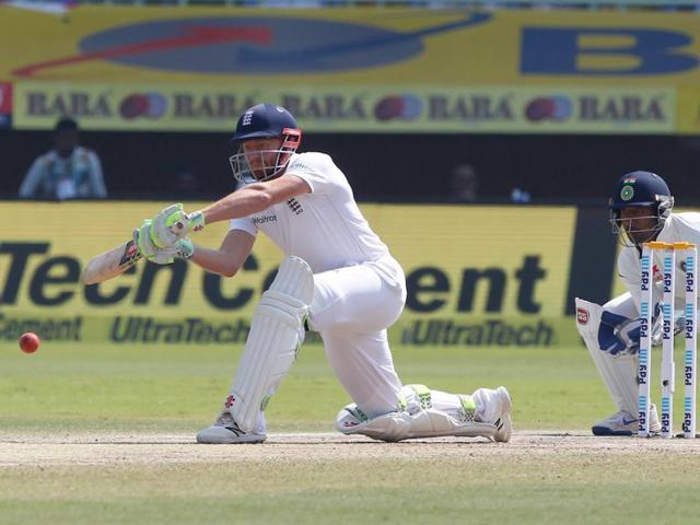 Jonny Bairstow struck some lusty blows but it was not enough as England collapsed. (BCCI) 
