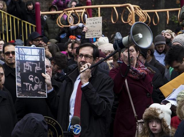 At least 300 people protested in New York on Sunday after swastikas appeared in a Brooklyn park. (AFP File Photo) At least 300 people protested in New York on Sunday after swastikas appeared in a Brooklyn park. (AFP File Photo)