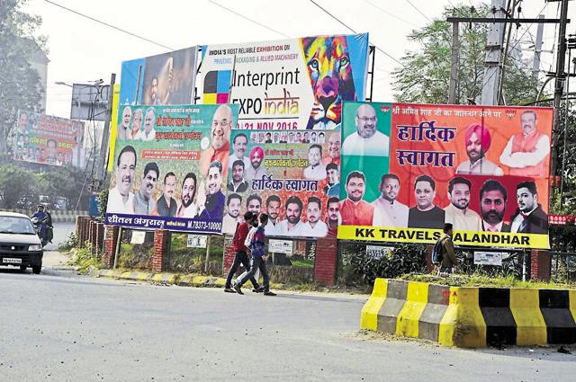 Hoarding welcoming national president Amit Shah at BSF chowk in Jalandhar. (Sikander Singh/HT Photo) Hoarding welcoming national president Amit Shah at BSF chowk in Jalandhar. (Sikander Singh/HT Photo)