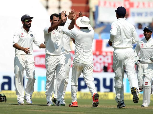 Shami struck again when he sent back Adil Rashid as England’s top order buckled under some wonderful bowling. (BCCI) Shami struck again when he sent back Adil Rashid as England’s top order buckled under some wonderful bowling. (BCCI)