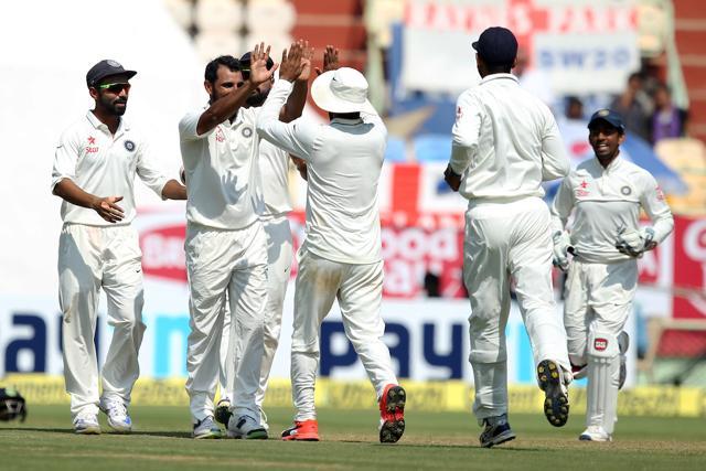Mohammed Shami picked up two wickets in a fiery spell with the new ball on the fifth day of the Vizag Test. (BCCI) Mohammed Shami picked up two wickets in a fiery spell with the new ball on the fifth day of the Vizag Test. (BCCI)