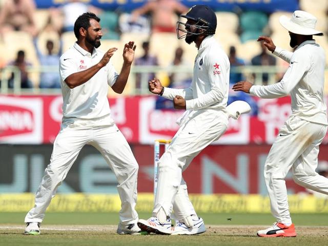 With the second new ball, Mohammed Shami struck as he removed the dangerous Joe Root for 25 to break England’s resistance. (BCCI) With the second new ball, Mohammed Shami struck as he removed the dangerous Joe Root for 25 to break England’s resistance. (BCCI)