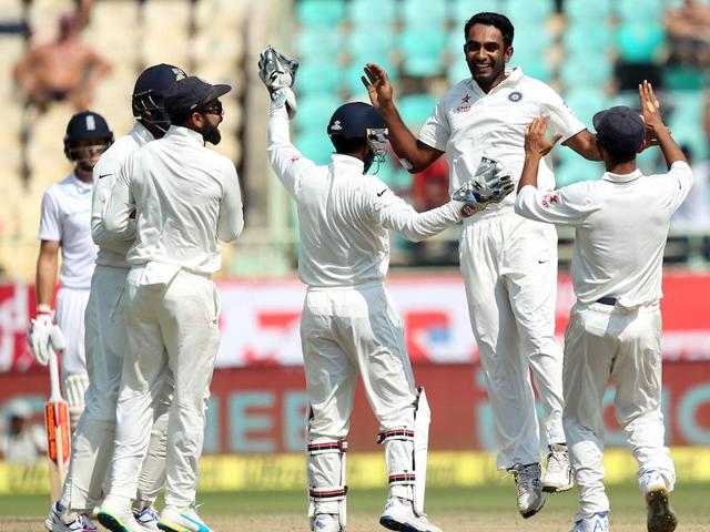 Jayant Yadav and R Ashwin picked up three wickets each as India thrashed England by 246 runs in Vizag.(BCCI) Jayant Yadav and R Ashwin picked up three wickets each as India thrashed England by 246 runs in Vizag.(BCCI)