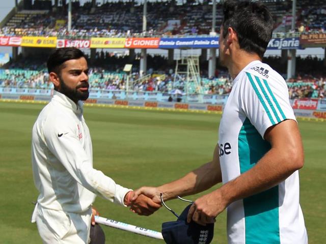 Virat Kohli and Alastair Cook had some observations (read: verbal taunts) to exchange after the Test match in Vizag.(BCCI/ SPORTZPICS) Virat Kohli and Alastair Cook had some observations (read: verbal taunts) to exchange after the Test match in Vizag.(BCCI/ SPORTZPICS)