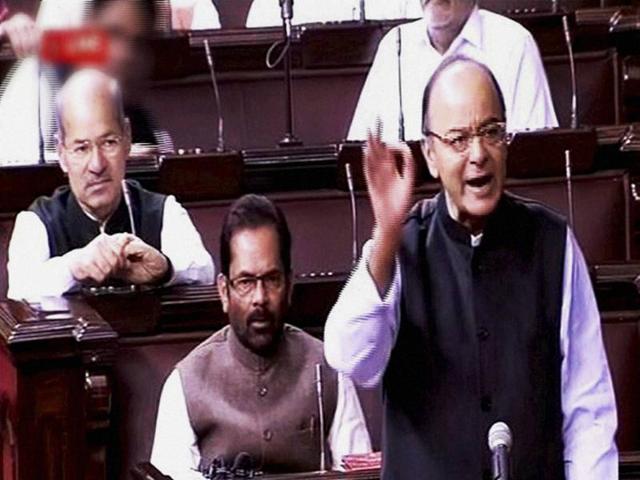 Finance minister Arun Jaitley speaks in the Rajya Sabha during the winter session of Parliament in New Delhi on Monday. (PTI) Finance minister Arun Jaitley speaks in the Rajya Sabha during the winter session of Parliament in New Delhi on Monday. (PTI)