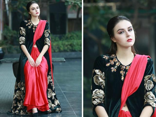 Who says a sari can’t look modern enough in a glam setting? Sari gets an imaginative makeover in this creation. Teamed with a long jacket with stone embellishments, it’s equal parts drama and traditional charm. (photos: Waseem Gashroo/HT) Who says a sari can’t look modern enough in a glam setting? Sari gets an imaginative makeover in this creation. Teamed with a long jacket with stone embellishments, it’s equal parts drama and traditional charm. (photos: Waseem Gashroo/HT)