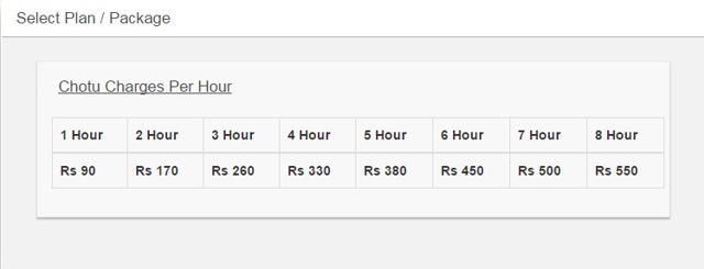 A screenshot of Book My Chotu’s website of the service charges and packages.