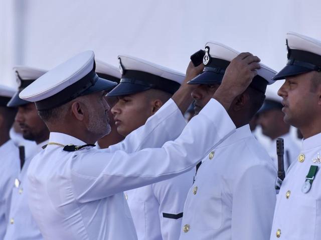 Navy officers get ready for the ceremony. (kunal patil/ht) 