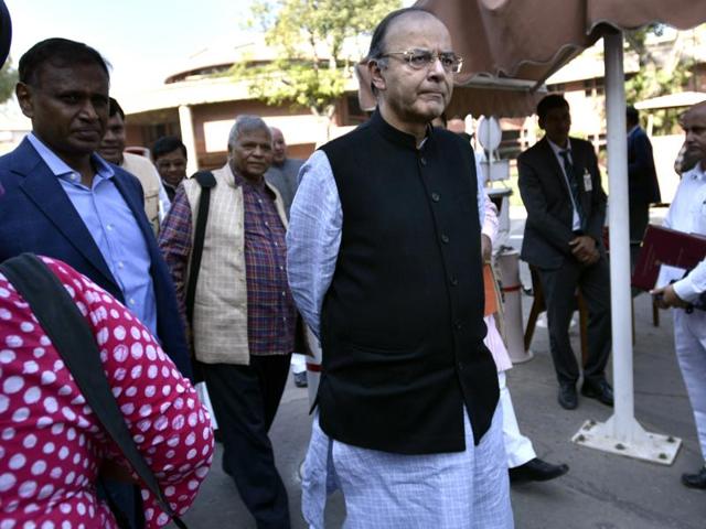 Finance minister Arun Jaitley after a BJP parliamentary party meeting in New Delhi on Tuesday.(Arun Sharma/HT PHOTO) Finance minister Arun Jaitley after a BJP parliamentary party meeting in New Delhi on Tuesday.(Arun Sharma/HT PHOTO)