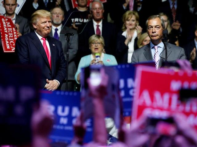 File photo of then Republican presidential candidate Donald Trump (right) welcoming pro-Brexit British politician Nigel Farage to speak at a campaign rally in Jackson in August 2016. (AP) File photo of then Republican presidential candidate Donald Trump (right) welcoming pro-Brexit British politician Nigel Farage to speak at a campaign rally in Jackson in August 2016. (AP)