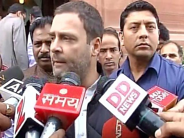 Congress vice-president Rahul Gandhi outside Parliament in New Delhi.(ANI Photo)