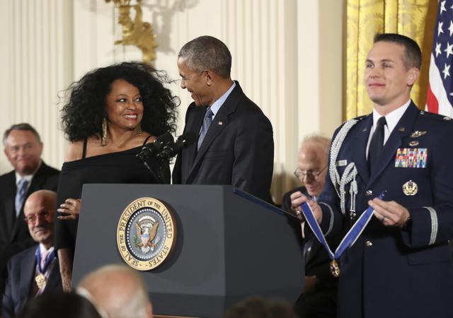 Obama with Diana Ross during the ceremony in the White House. (AP Photo) Obama with Diana Ross during the ceremony in the White House. (AP Photo)