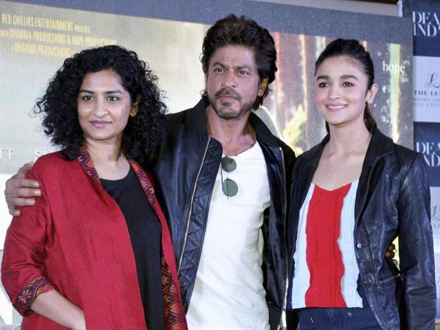 Bollywood actors Shah Rukh Khan and Alia Bhatt and director Gauri Shinde at a promotional event of their upcoming film Dear Zindagi. The film arrives in theatres on November 25. (PTI)