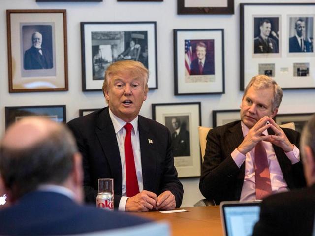 Kellyanne Conway, from left, President-elect Donald Trump, New York Times Publisher Arthur Sulzberger Jr., and vice chairman of The New York Times Company Michael Golden appear during a meeting with editors and reporters at The New York Times building. (AP) Kellyanne Conway, from left, President-elect Donald Trump, New York Times Publisher Arthur Sulzberger Jr., and vice chairman of The New York Times Company Michael Golden appear during a meeting with editors and reporters at The New York Times building. (AP)